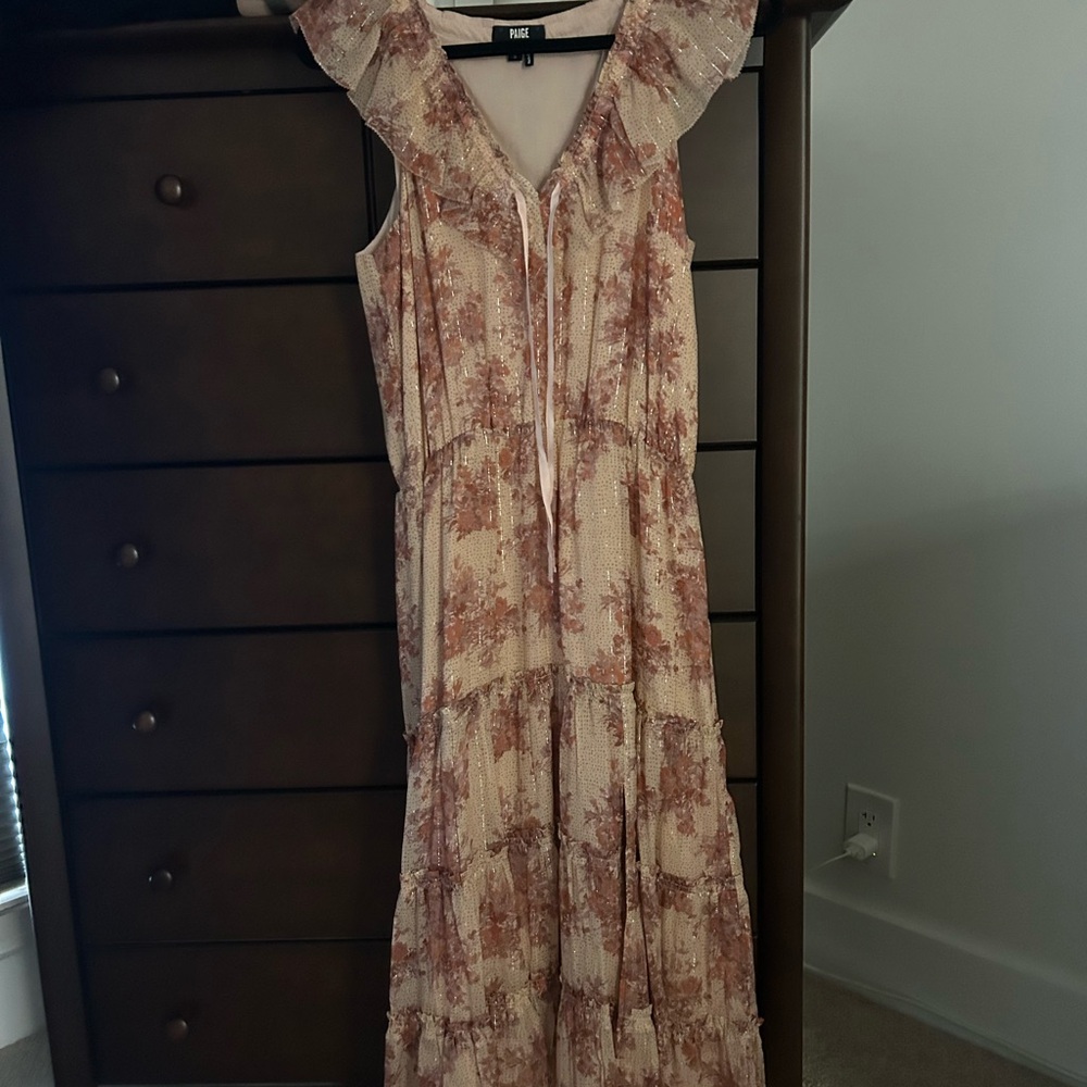 PAIGE Cream and Brown Maxi Dress V-Neck Flutter Sleeve